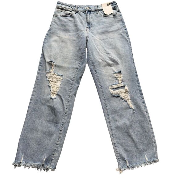 Womens High-Rise Straight Leg Jeans 11/30W Stretch Light Wash Distressed - Picture 3 of 15